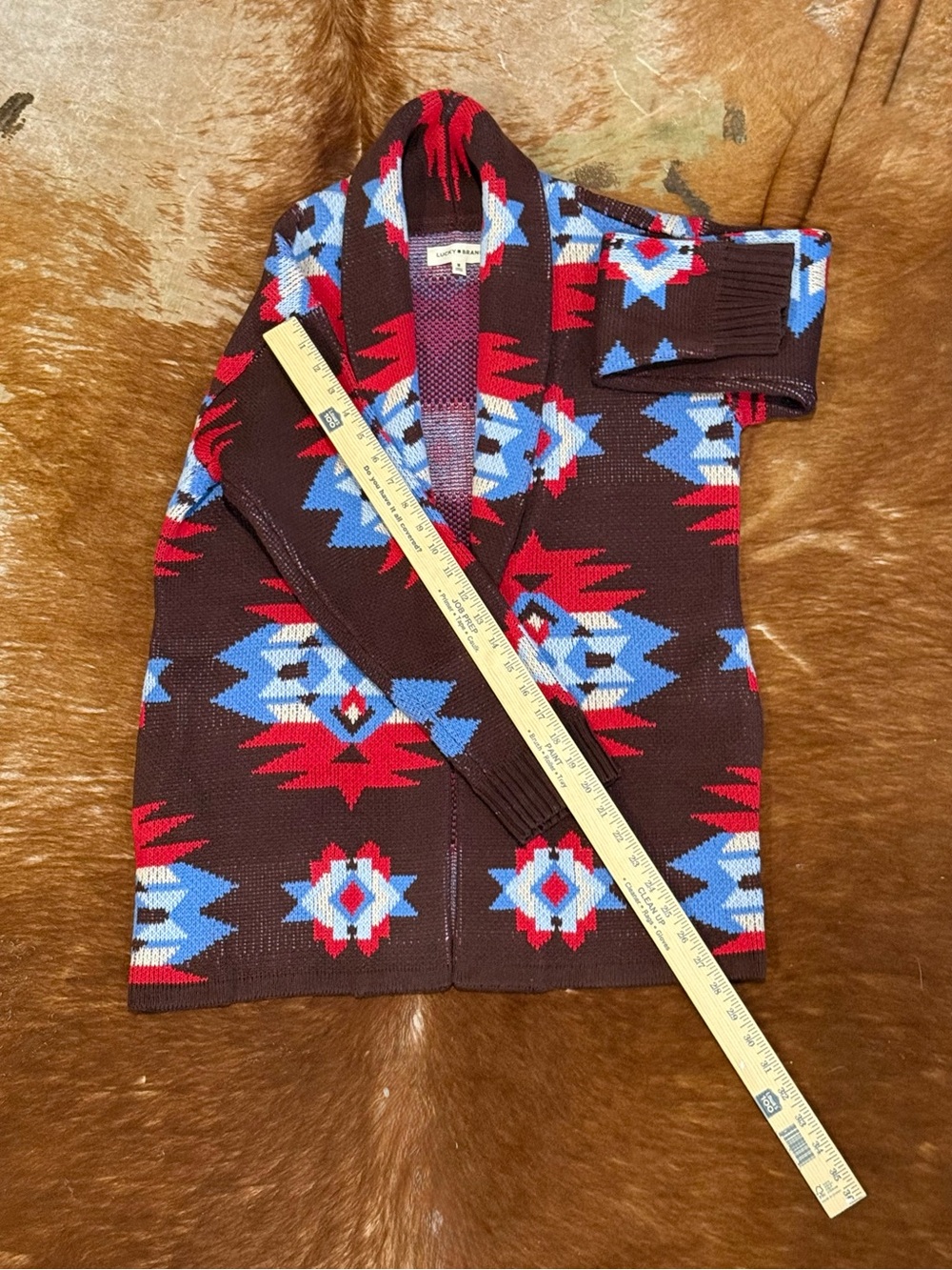 Lucky Brand Aztec Print Shawl Collar Cardigan Brown Red Blue M - Picture 3 of 10